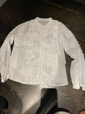 White Lace-Trim Button-Up Blouse